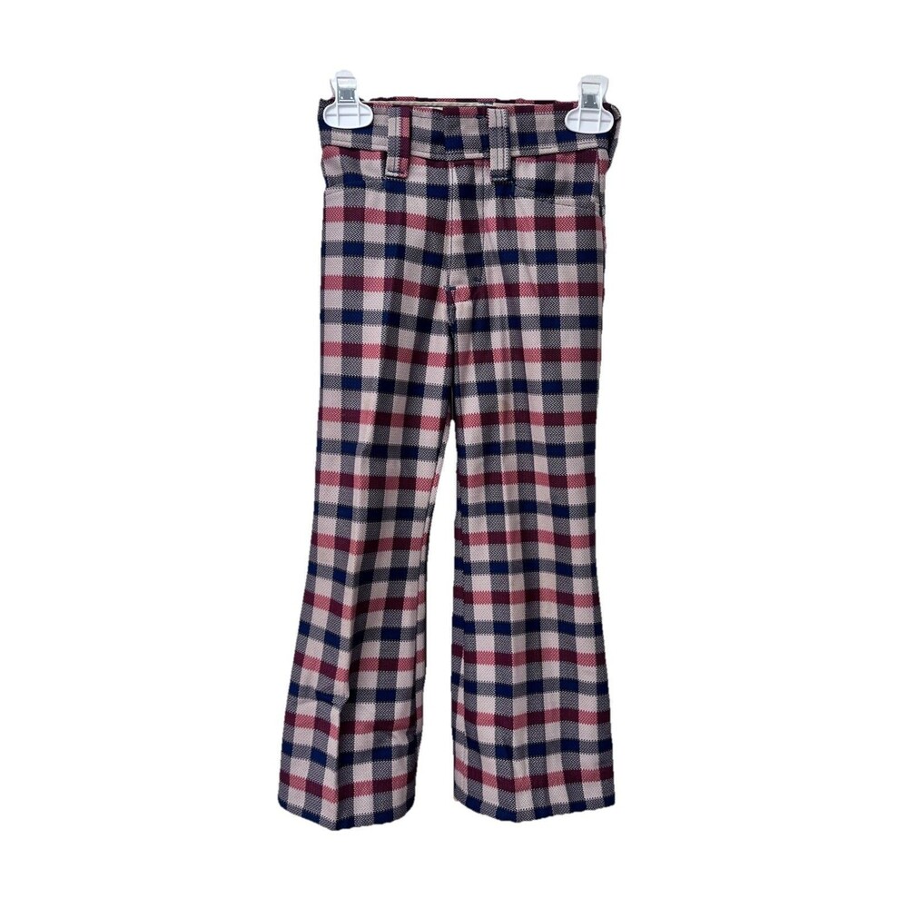 Vtg Mann Retro 70s Boy's Pants 2/3 Brown Blue Plaid Bell Bottoms Permanent Press